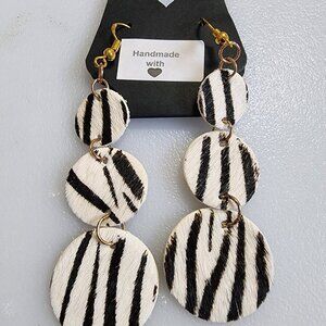 Gold Tone Faux Leather Zebra Stripe Earrings
